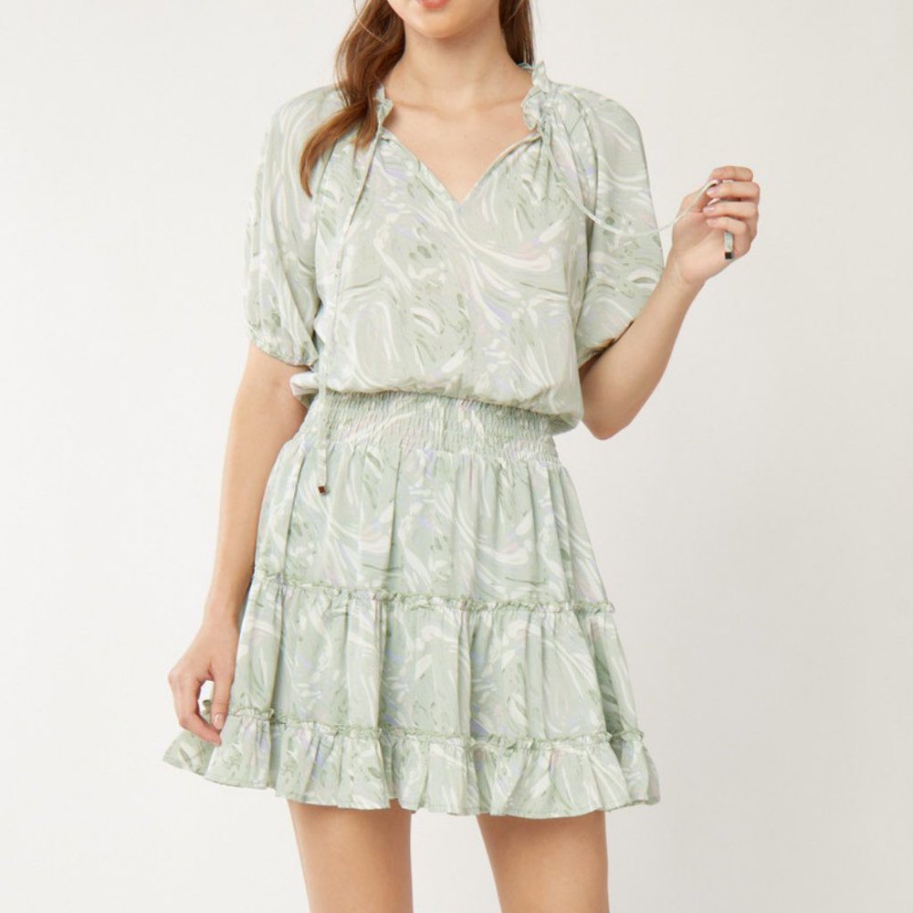 NWT Entro Seafoam Printed Puff Sleeve Tiered Dress